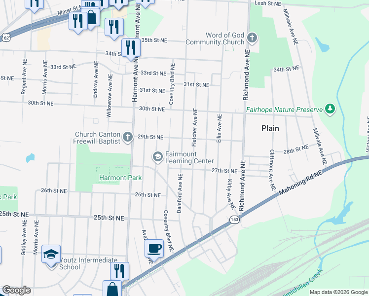 map of restaurants, bars, coffee shops, grocery stores, and more near 2814 Daleford Avenue Northeast in Canton