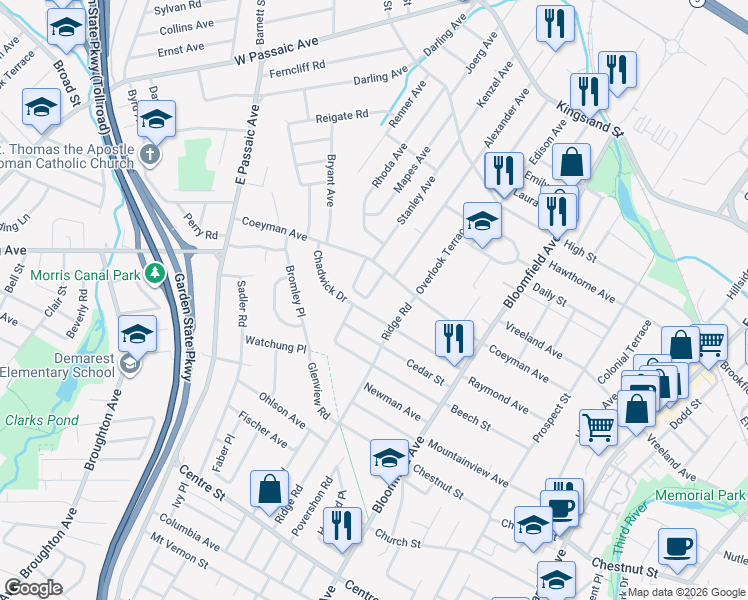 map of restaurants, bars, coffee shops, grocery stores, and more near 4 Sunset Drive West in Nutley