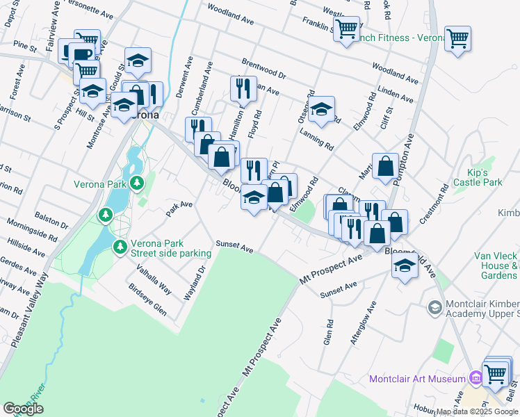 map of restaurants, bars, coffee shops, grocery stores, and more near 281 Bloomfield Avenue in Verona