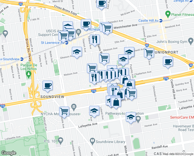 map of restaurants, bars, coffee shops, grocery stores, and more near 1038 Leland Avenue in The Bronx