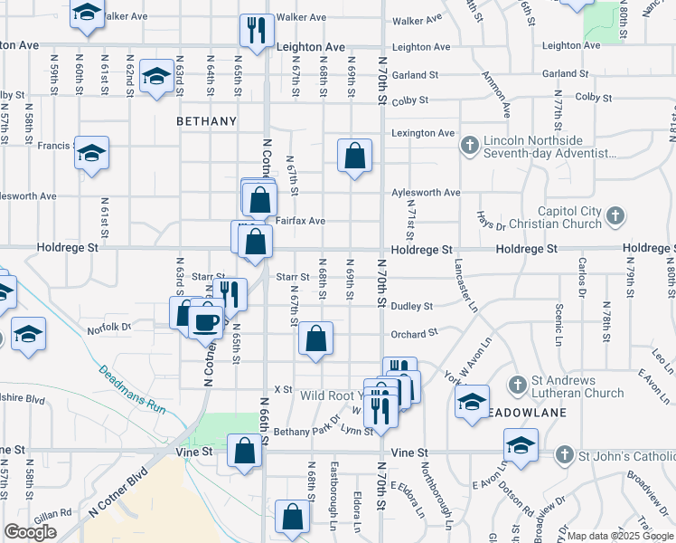 map of restaurants, bars, coffee shops, grocery stores, and more near 6820 Starr Street in Lincoln