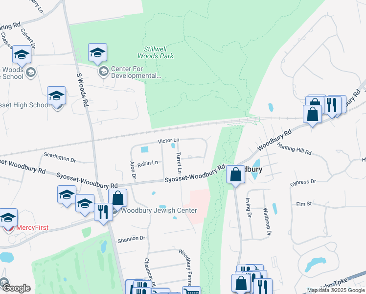 map of restaurants, bars, coffee shops, grocery stores, and more near 13 Turret Lane in Woodbury