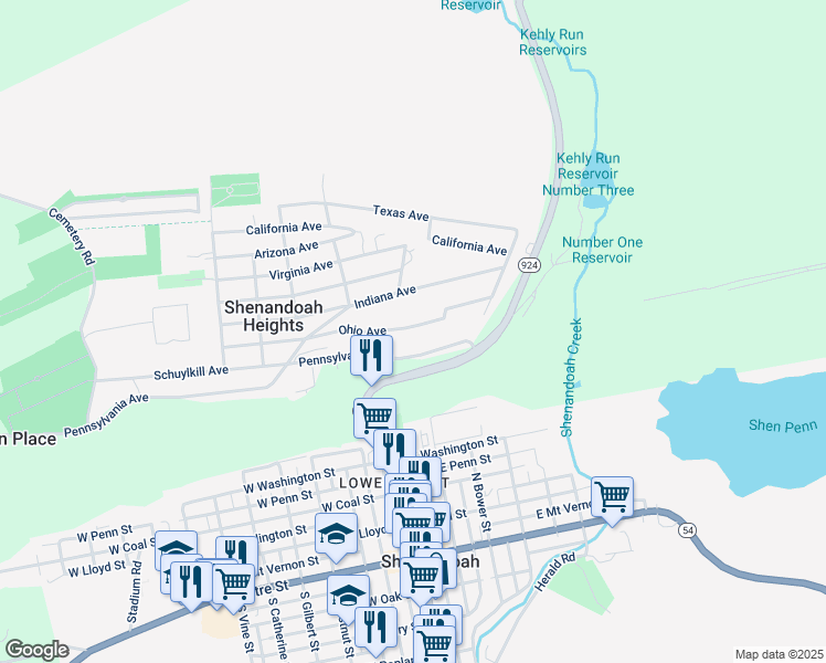 map of restaurants, bars, coffee shops, grocery stores, and more near 378 Ohio Avenue in Shenandoah