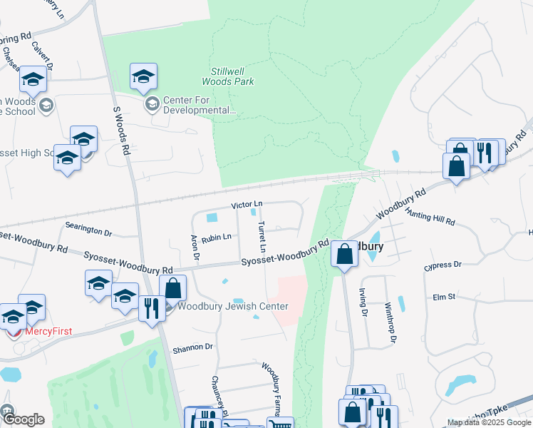 map of restaurants, bars, coffee shops, grocery stores, and more near 13 Turret Lane in Woodbury