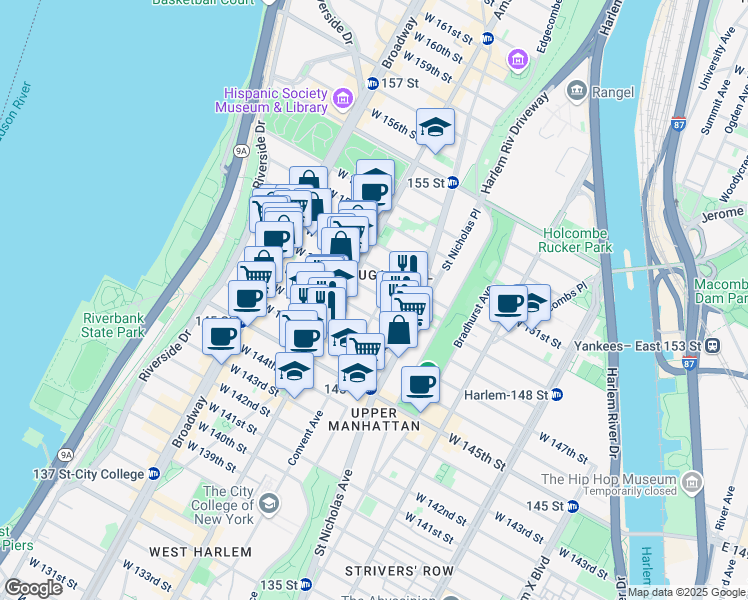 map of restaurants, bars, coffee shops, grocery stores, and more near 465 West 148th Street in New York