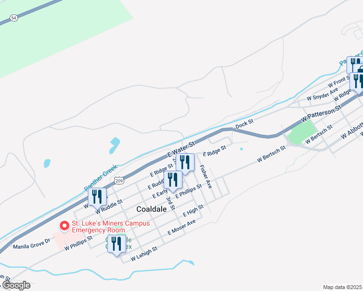 map of restaurants, bars, coffee shops, grocery stores, and more near 223 East Water Street in Coaldale