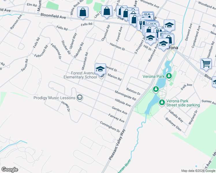 map of restaurants, bars, coffee shops, grocery stores, and more near 66 Morningside Road in Verona