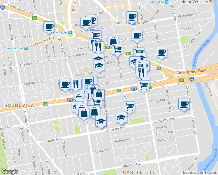 map of restaurants, bars, coffee shops, grocery stores, and more near 2001 Bruckner Boulevard in Bronx
