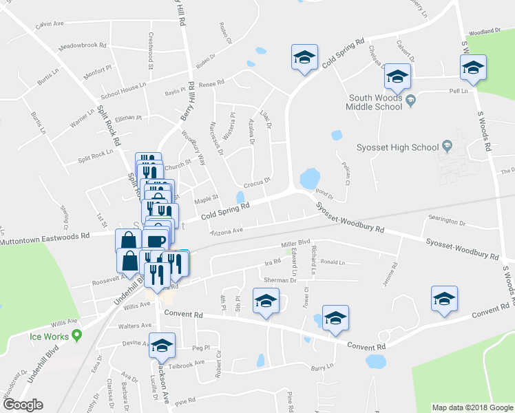 map of restaurants, bars, coffee shops, grocery stores, and more near 114 Cold Spring Road in Syosset