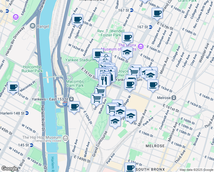 map of restaurants, bars, coffee shops, grocery stores, and more near 851 Grand Concourse in The Bronx