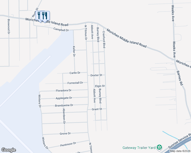 map of restaurants, bars, coffee shops, grocery stores, and more near 121 Abbott Avenue in Mastic