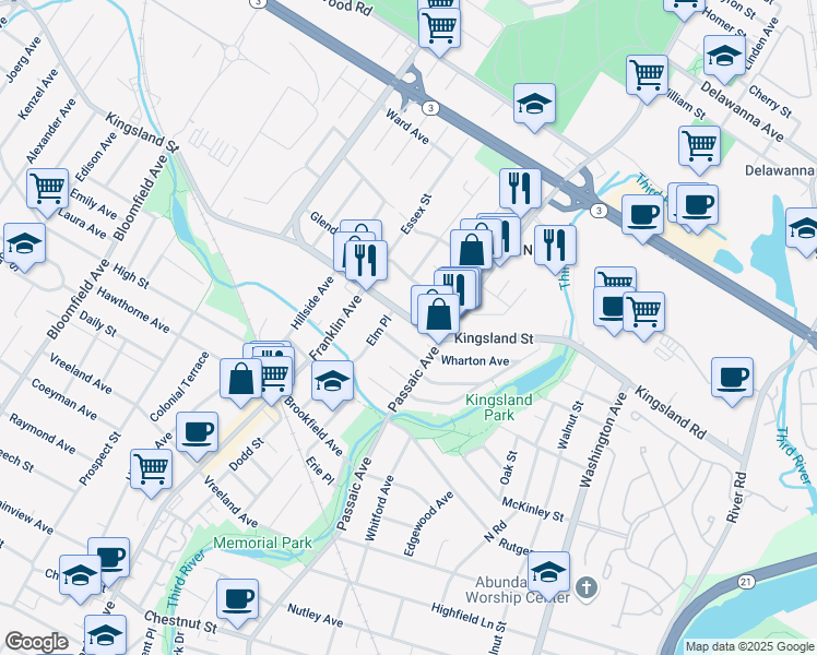 map of restaurants, bars, coffee shops, grocery stores, and more near 119 Kingsland St in Nutley