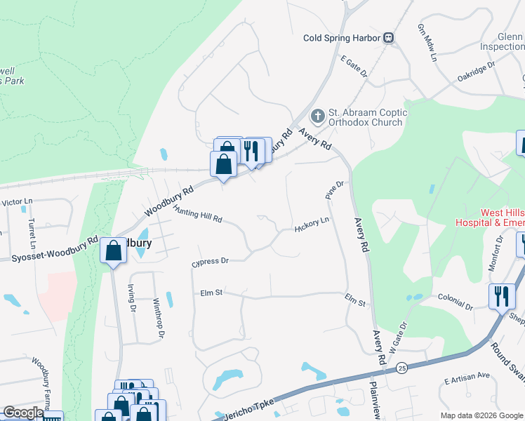 map of restaurants, bars, coffee shops, grocery stores, and more near 82 Cypress Drive in Woodbury