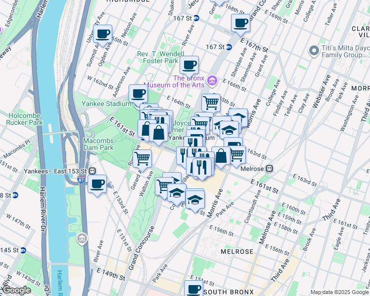 map of restaurants, bars, coffee shops, grocery stores, and more near 900 Grand Concourse in The Bronx