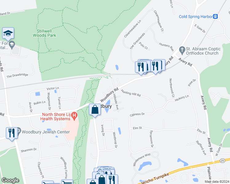 map of restaurants, bars, coffee shops, grocery stores, and more near 2 Hillside Avenue in Woodbury
