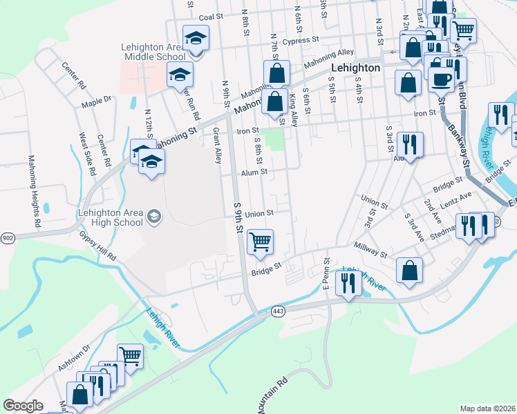 map of restaurants, bars, coffee shops, grocery stores, and more near 350 South 8th Street in Lehighton