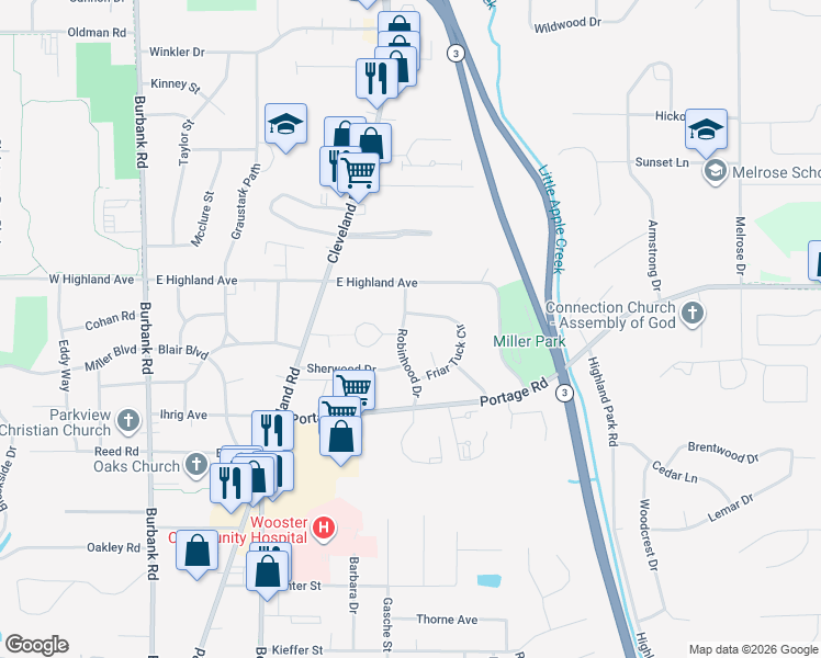 map of restaurants, bars, coffee shops, grocery stores, and more near 2241 Robinhood Drive in Wooster