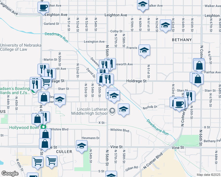 map of restaurants, bars, coffee shops, grocery stores, and more near 1430 North 56th Street in Lincoln