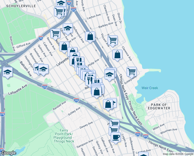 map of restaurants, bars, coffee shops, grocery stores, and more near 710 Edison Avenue in Bronx