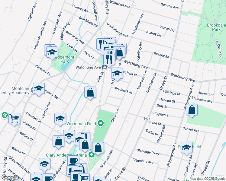 map of restaurants, bars, coffee shops, grocery stores, and more near 282 North Fullerton Avenue in Montclair
