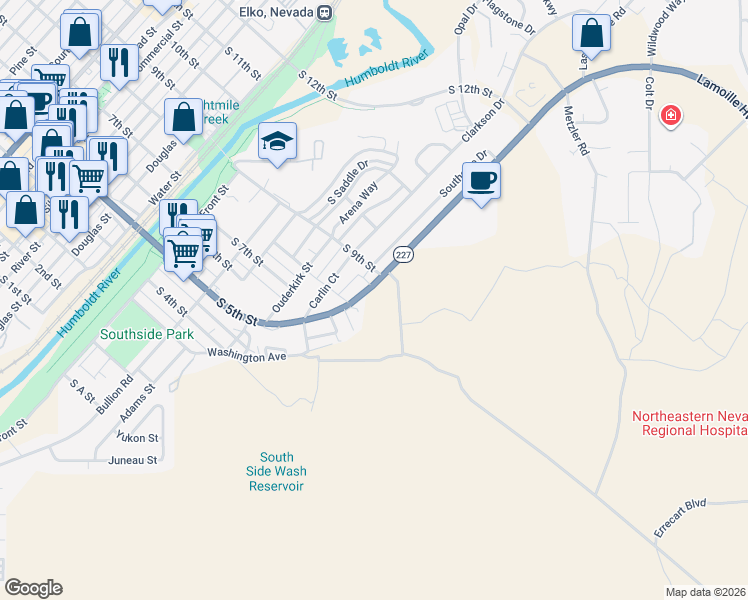 map of restaurants, bars, coffee shops, grocery stores, and more near 815 South 5th Street in Elko