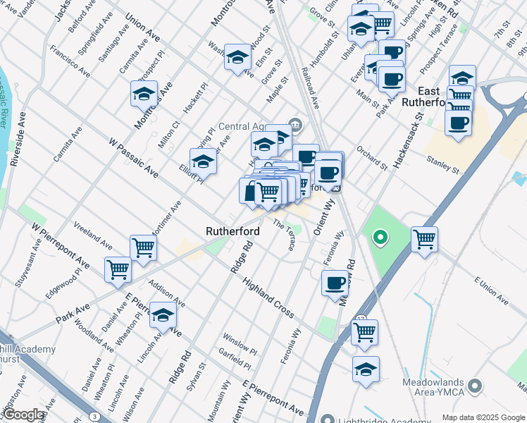map of restaurants, bars, coffee shops, grocery stores, and more near in Rutherford