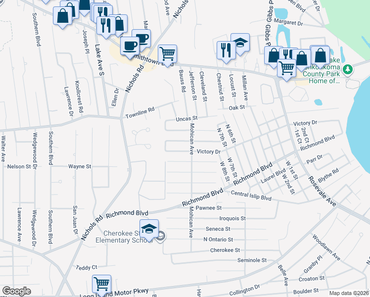 map of restaurants, bars, coffee shops, grocery stores, and more near 133 Oneida Street in Lake Ronkonkoma