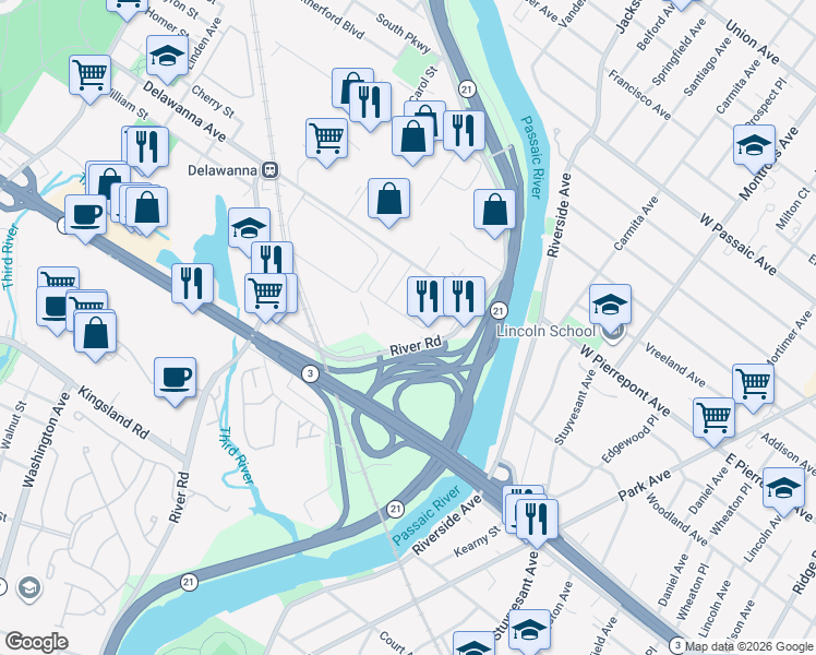 map of restaurants, bars, coffee shops, grocery stores, and more near 321 River Road in Clifton