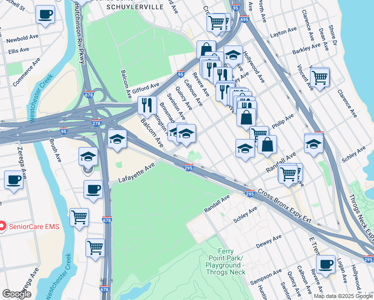 map of restaurants, bars, coffee shops, grocery stores, and more near 2750 Lafayette Avenue in Bronx