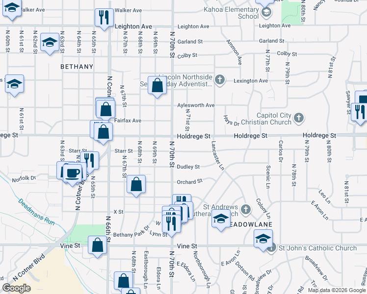 map of restaurants, bars, coffee shops, grocery stores, and more near 7030 Starr Street in Lincoln