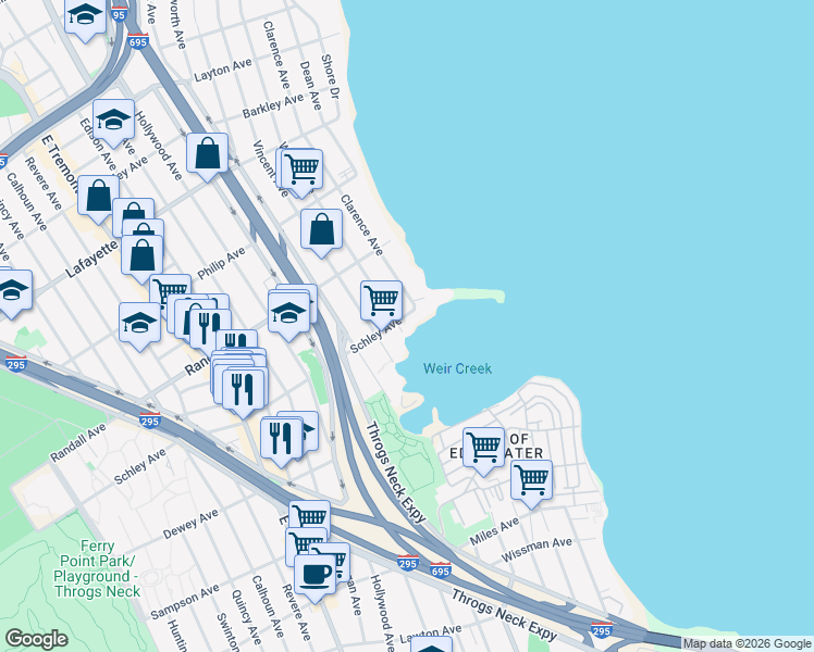map of restaurants, bars, coffee shops, grocery stores, and more near 3230 Schley Avenue in The Bronx