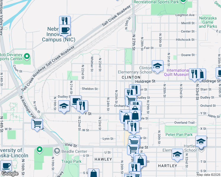 map of restaurants, bars, coffee shops, grocery stores, and more near 1340 North 24th Street in Lincoln