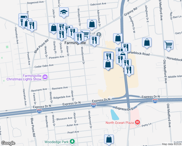map of restaurants, bars, coffee shops, grocery stores, and more near 133 Woodycrest Drive in Farmingville