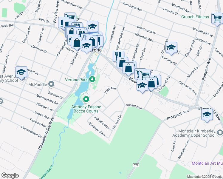 map of restaurants, bars, coffee shops, grocery stores, and more near 65 Park Avenue in Verona