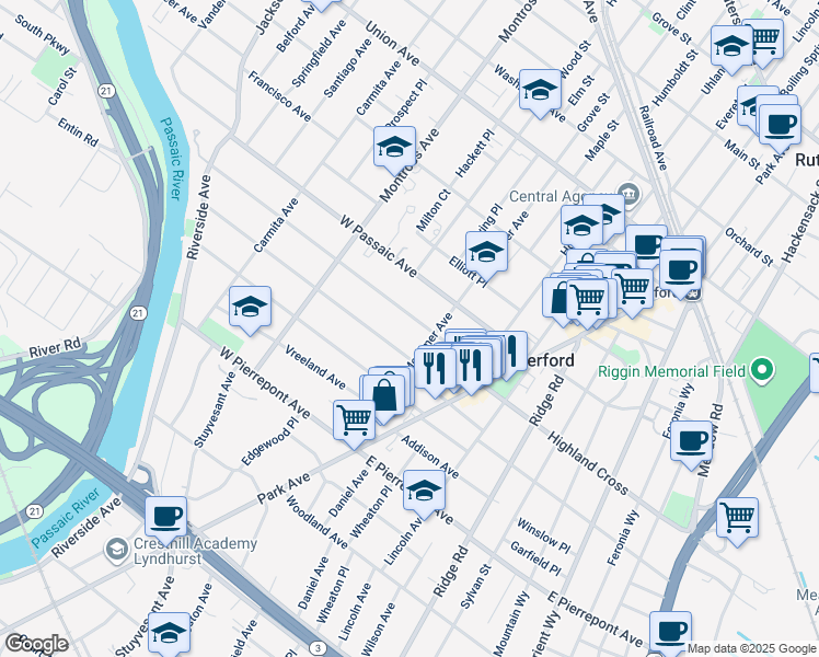 map of restaurants, bars, coffee shops, grocery stores, and more near 79 Donaldson Avenue in Rutherford