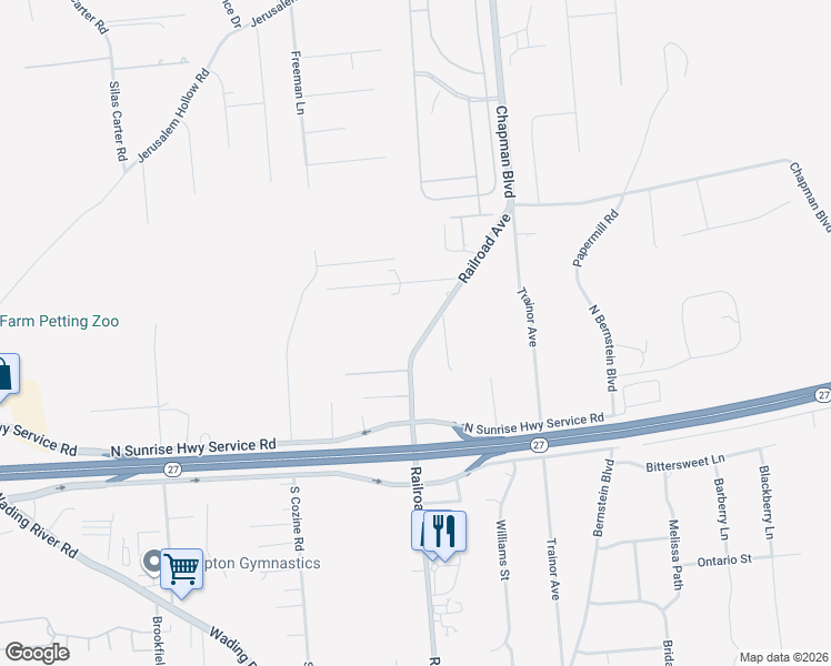 map of restaurants, bars, coffee shops, grocery stores, and more near 418 Railroad Avenue in Manorville