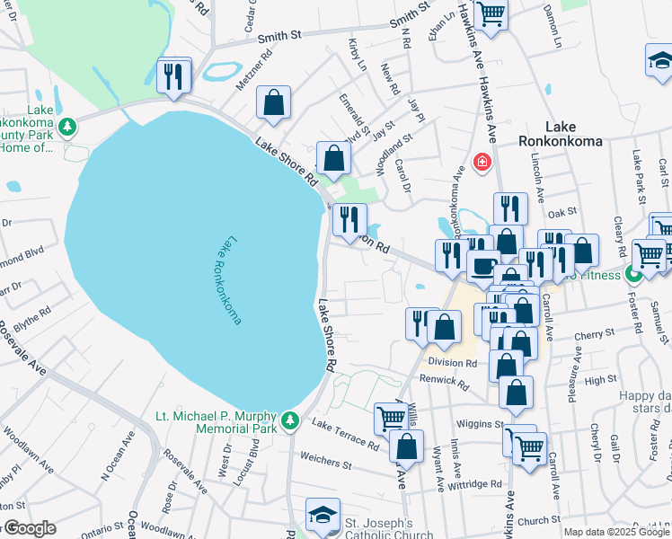 map of restaurants, bars, coffee shops, grocery stores, and more near 211 Lake Shore Road in Lake Ronkonkoma
