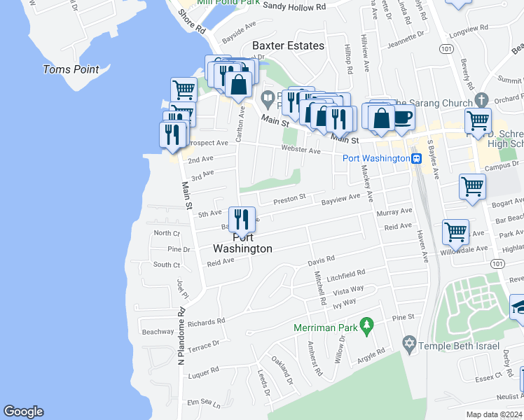 map of restaurants, bars, coffee shops, grocery stores, and more near 50 Bayview Avenue in Port Washington