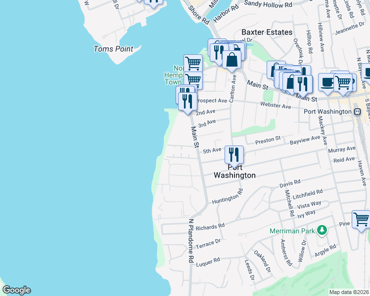 map of restaurants, bars, coffee shops, grocery stores, and more near 15 Dolphin Green in Port Washington