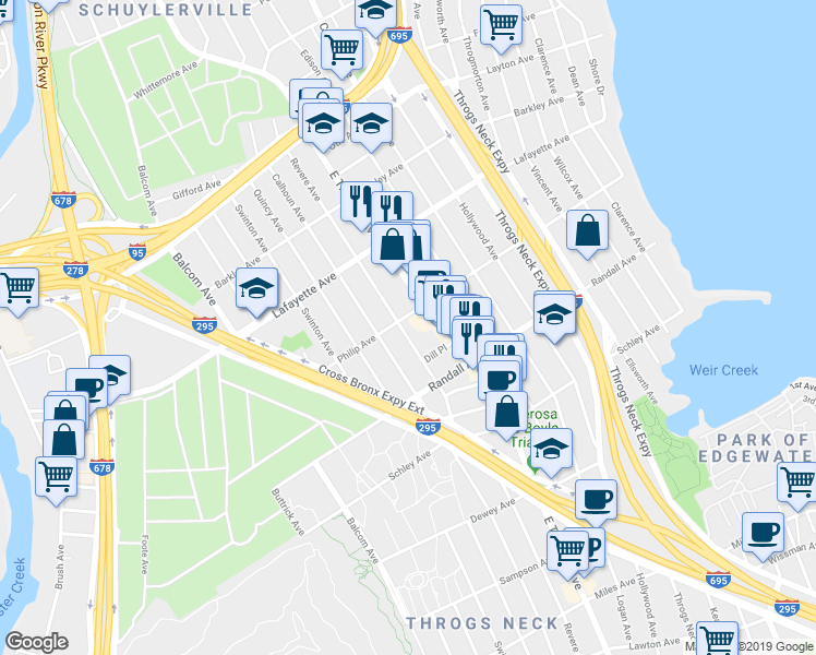 map of restaurants, bars, coffee shops, grocery stores, and more near 740 Revere Avenue in Bronx