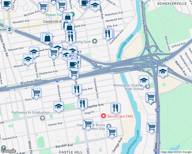 map of restaurants, bars, coffee shops, grocery stores, and more near 938 Havemeyer Avenue in Bronx