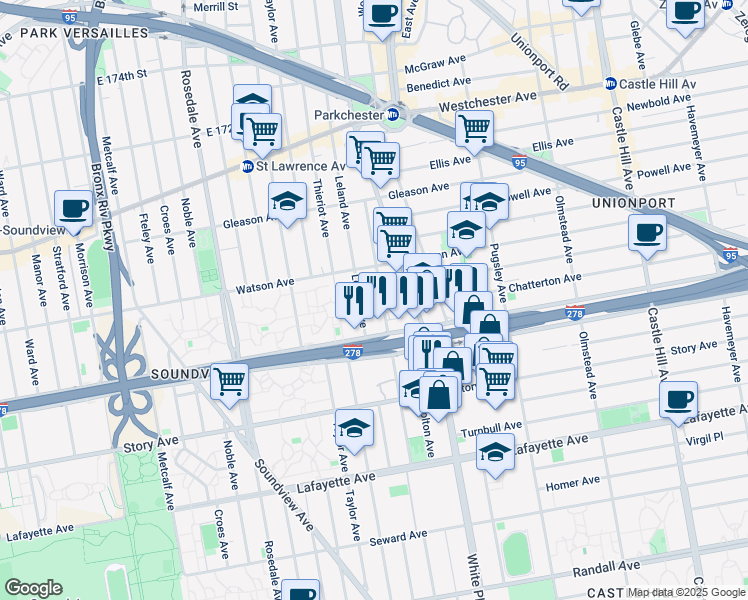 map of restaurants, bars, coffee shops, grocery stores, and more near 1031 Underhill Avenue in Bronx