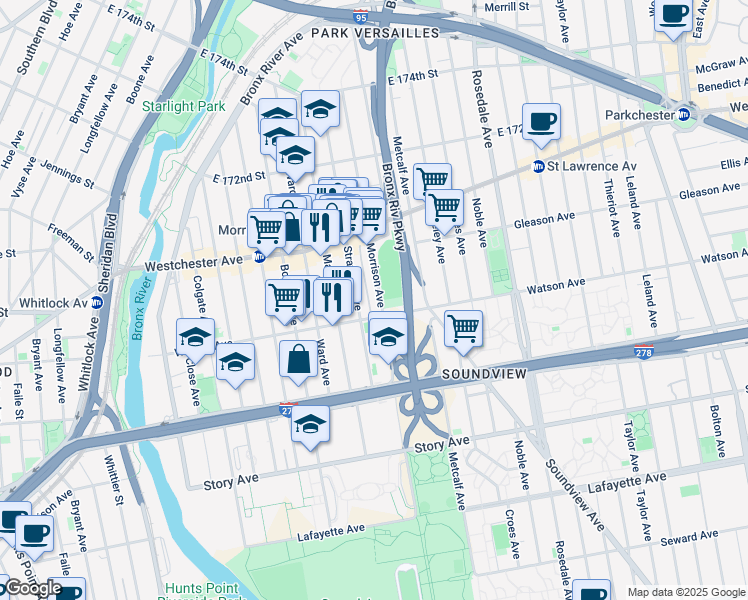 map of restaurants, bars, coffee shops, grocery stores, and more near 1111 Stratford Avenue in Bronx