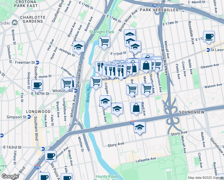 map of restaurants, bars, coffee shops, grocery stores, and more near 1145 Evergreen Avenue in The Bronx