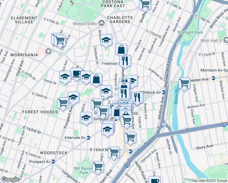 map of restaurants, bars, coffee shops, grocery stores, and more near 1124 Simpson Street in The Bronx