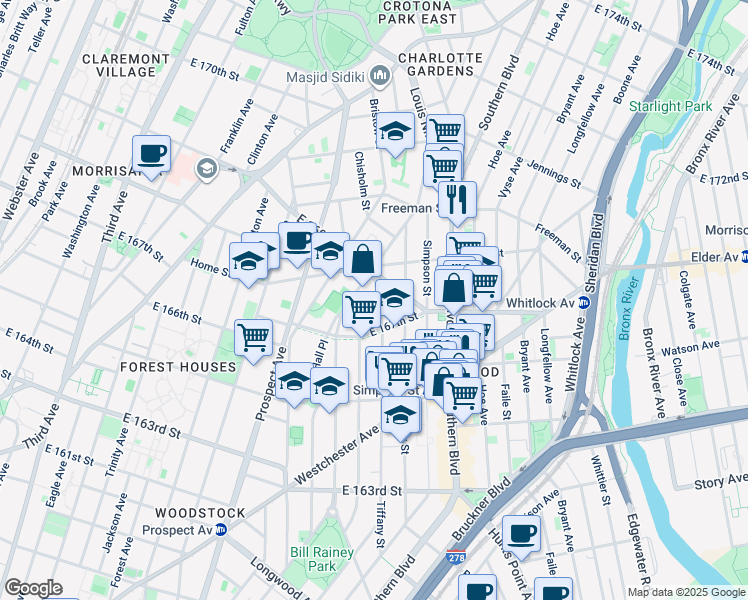 map of restaurants, bars, coffee shops, grocery stores, and more near 1107 Fox Street in The Bronx