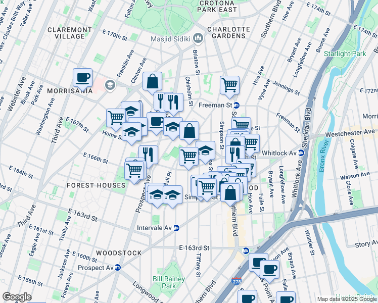 map of restaurants, bars, coffee shops, grocery stores, and more near 1130 Kelly Street in The Bronx