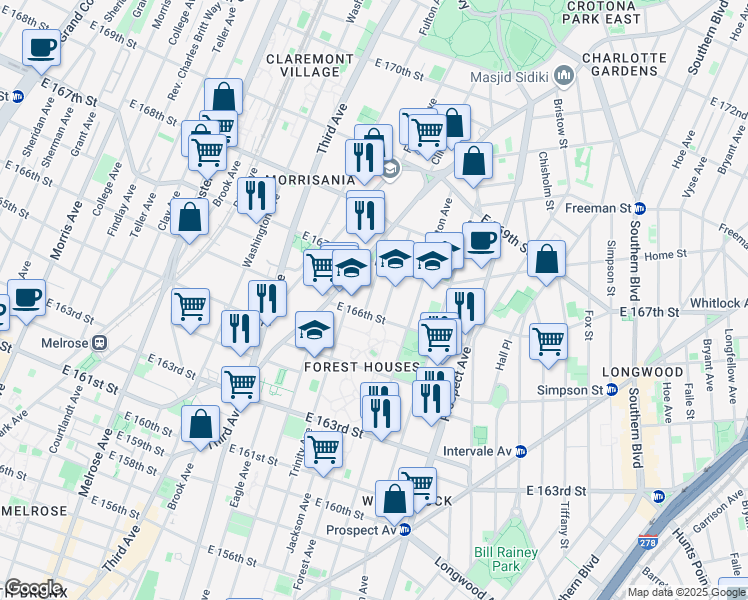 map of restaurants, bars, coffee shops, grocery stores, and more near 1097 Jackson Avenue in Bronx