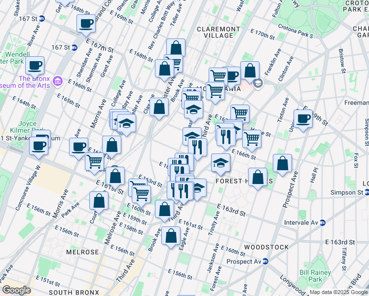 map of restaurants, bars, coffee shops, grocery stores, and more near 454 East 165th Street in Bronx