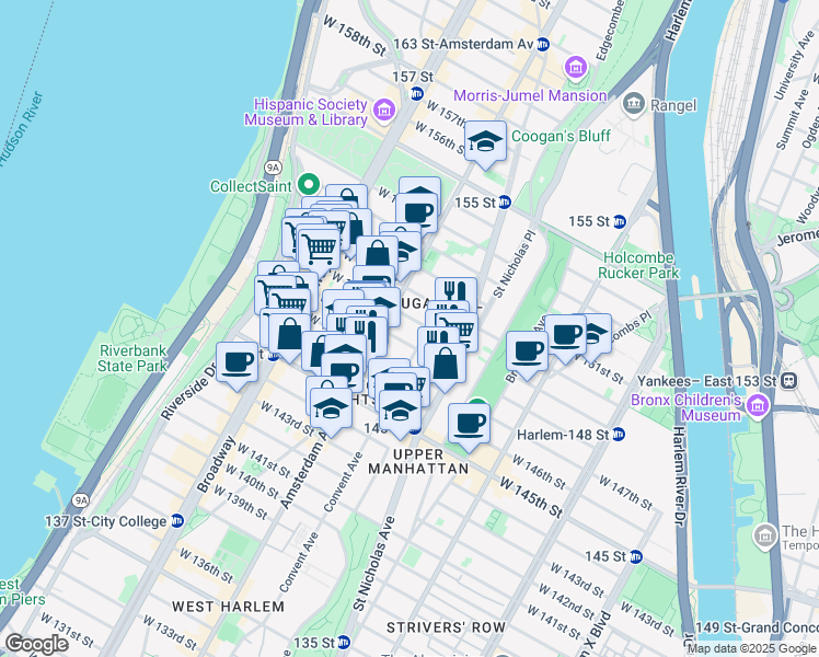 map of restaurants, bars, coffee shops, grocery stores, and more near 465 West 148th Street in New York